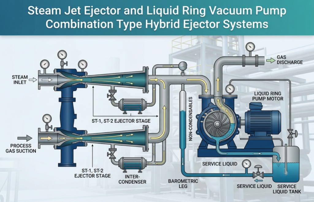 Steam Jet Ejector and Liquid Ring Vacuum Pump Combination Type Hybrid Ejector Systems